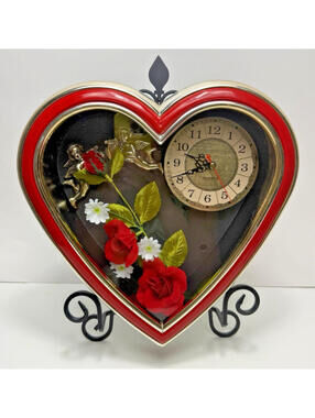 Vtg Red Heart Shaped Hanging Wall Clock Faux Flowers Gold Cherubs Kitsch Works!